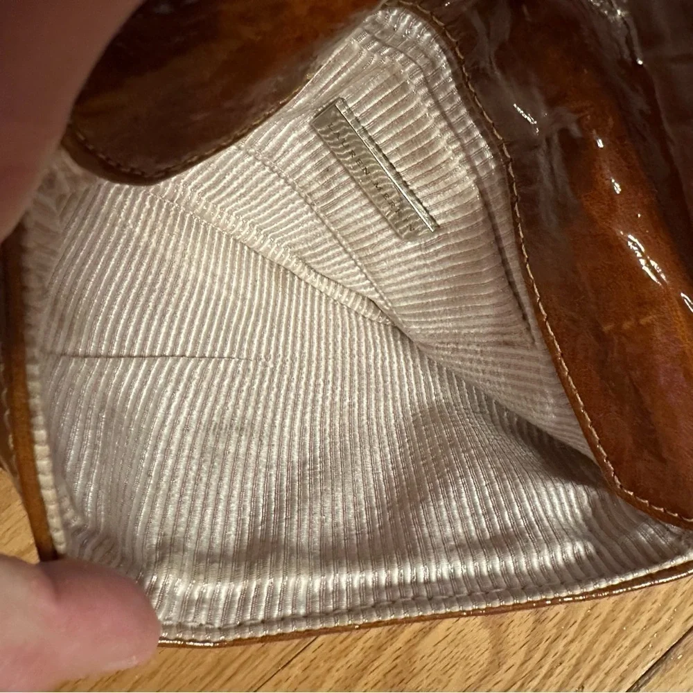 Lauren Merkin Caramel Cognac Brown Clutch Purse Envelope Closure Shiny Chic